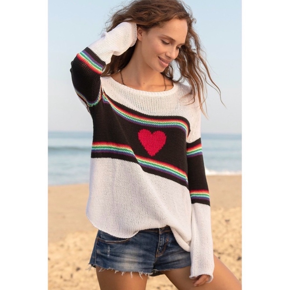 Wooden Ships White Black Sweater with Red Heart and Rainbow Stripes